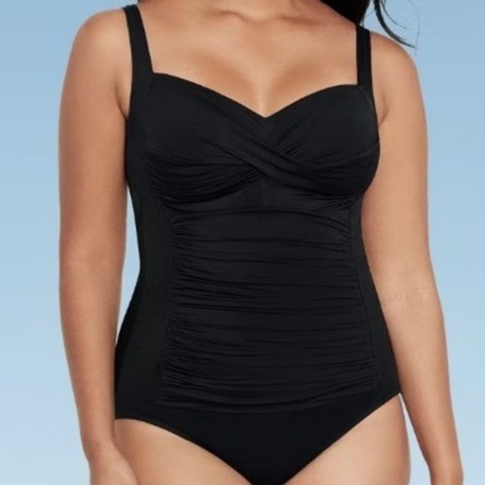 TRIMSHAPER NWT Womens 22 Black Averi One Piece Swimsuit Ruched Tummy Control NEW